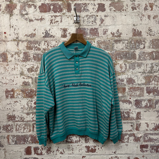 1980s Turquoise Striped Graphic Collared Sweatshirt
