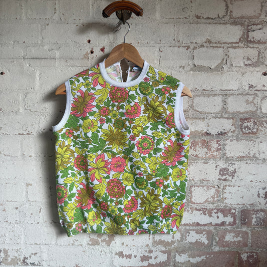1970s Green Floral Vest Top