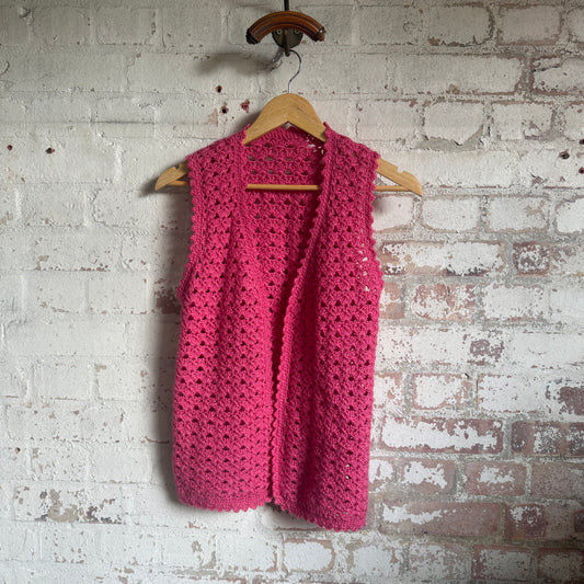 1970s Pink Crochet Knitted Cardigan Vest