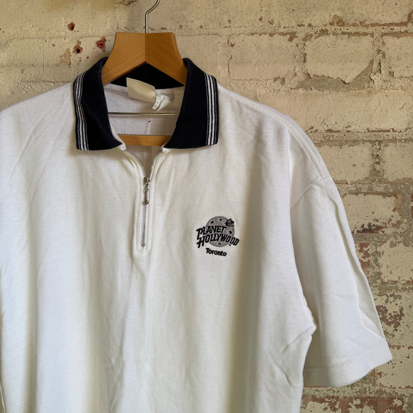 1990s White Zip Planet Hollywood Polo Shirt Top