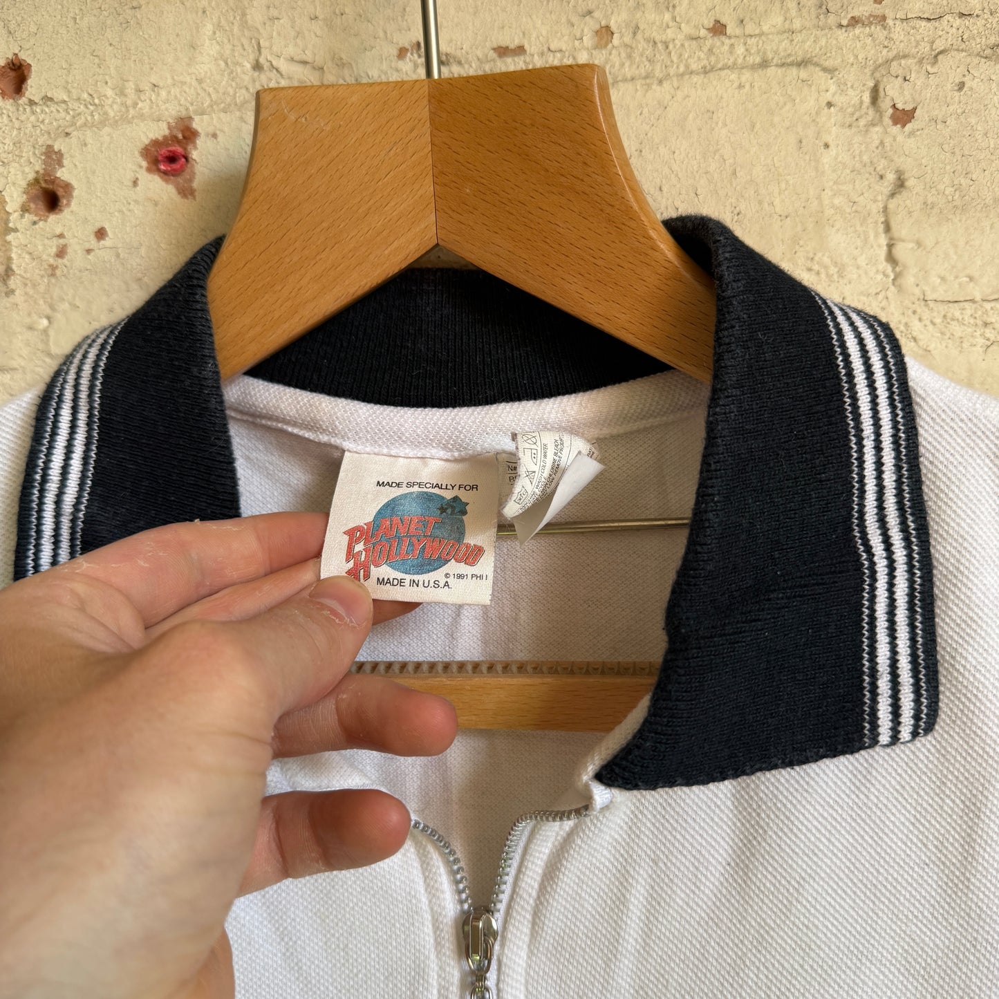 1990s White Zip Planet Hollywood Polo Shirt Top