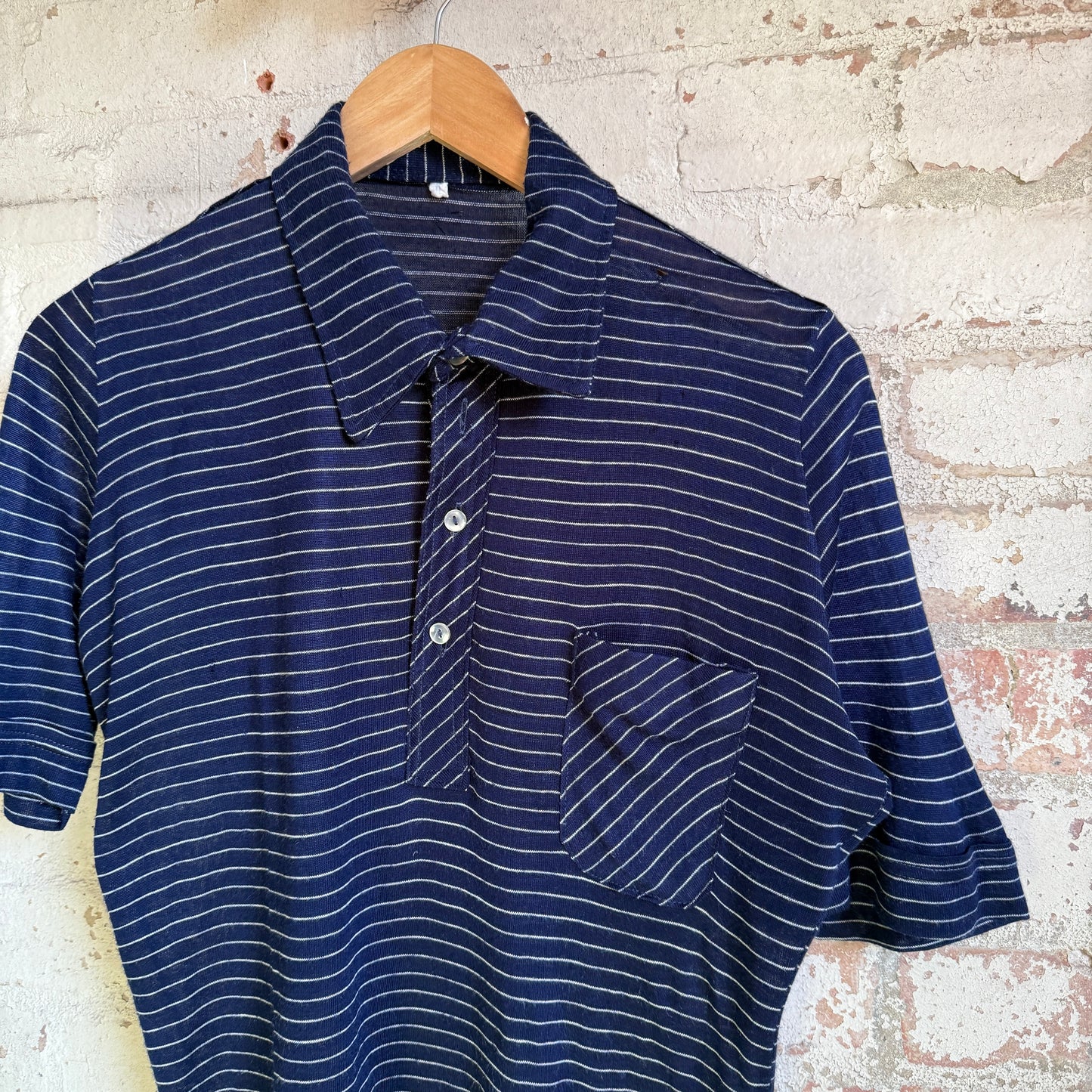 1970s Navy Italian Striped Polo Shirt Top