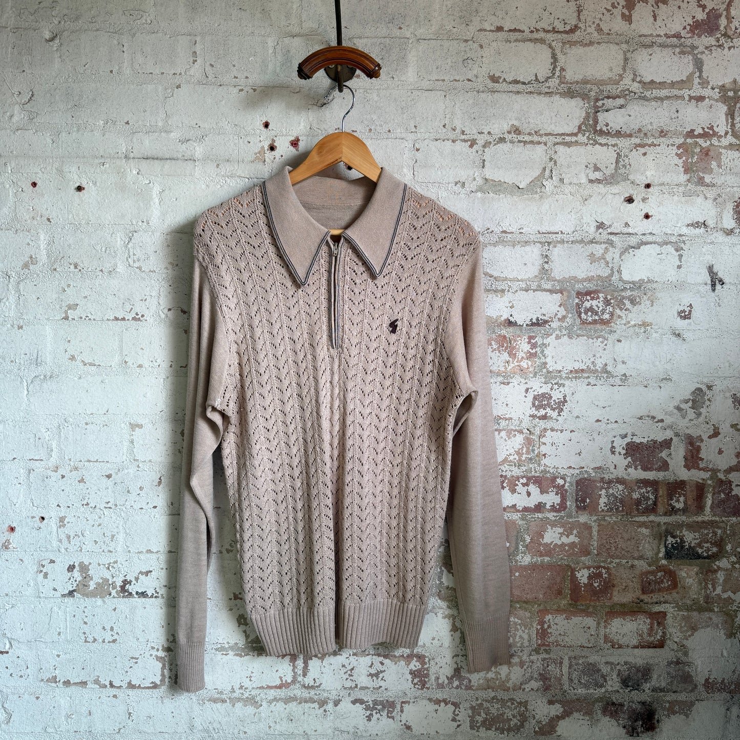 1970s Beige Knitted Gabicci Zip Shirt