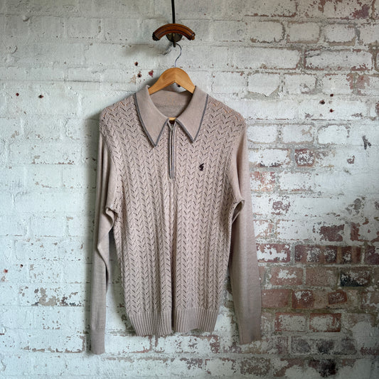 1970s Beige Knitted Gabicci Zip Shirt
