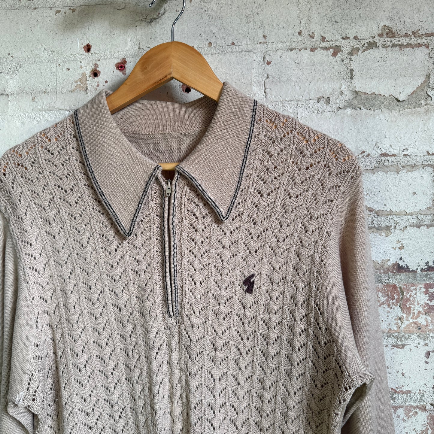 1970s Beige Knitted Gabicci Zip Shirt