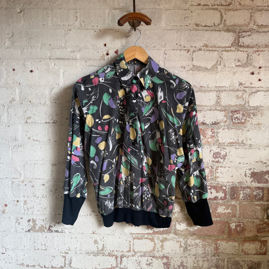 1980s Black Patterned Half Button Shirt