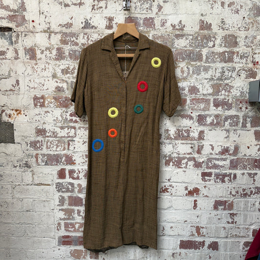1960s Brown Long Linen Circle Dress