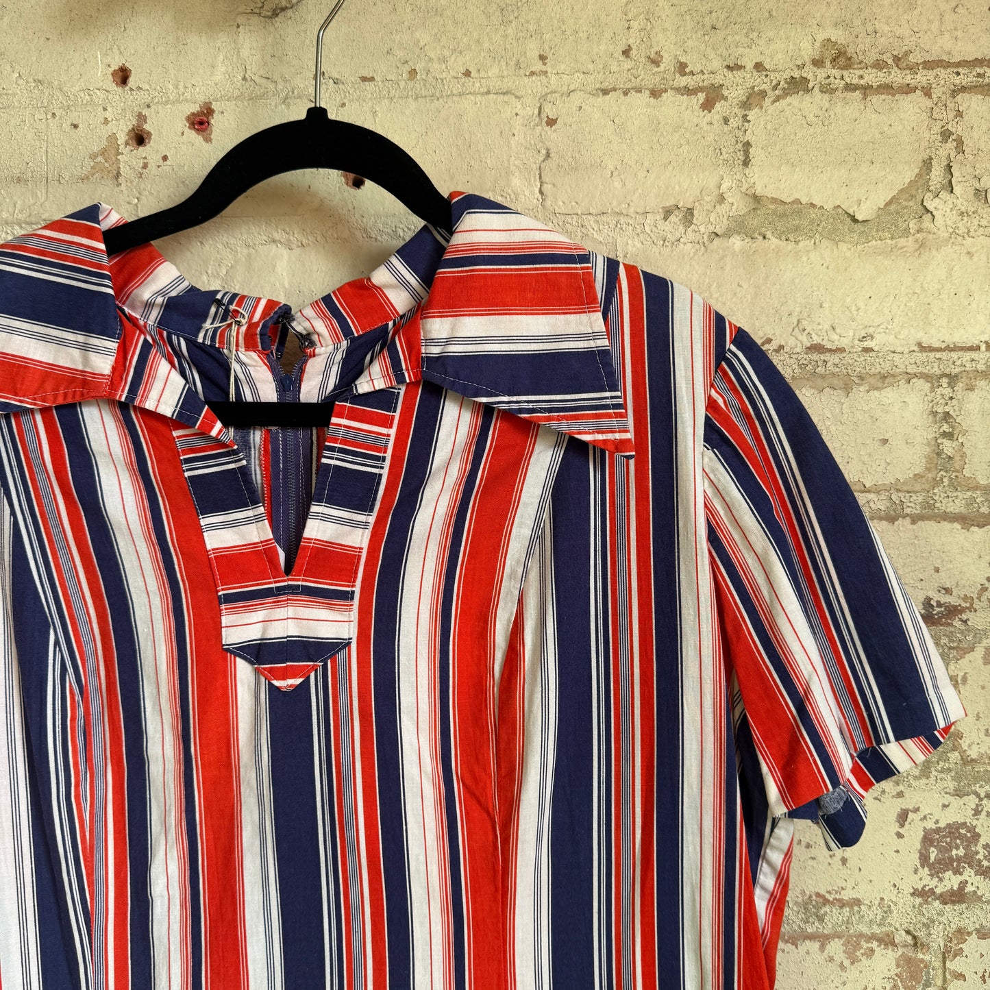 1970s Red and Blue Striped Cotton Dress