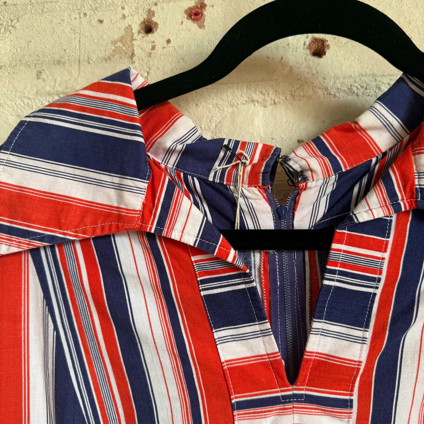 1970s Red and Blue Striped Cotton Dress