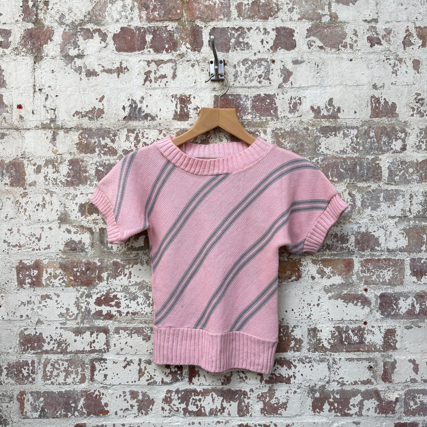 1980s Pink Striped Knitted Short Sleeved Jumper