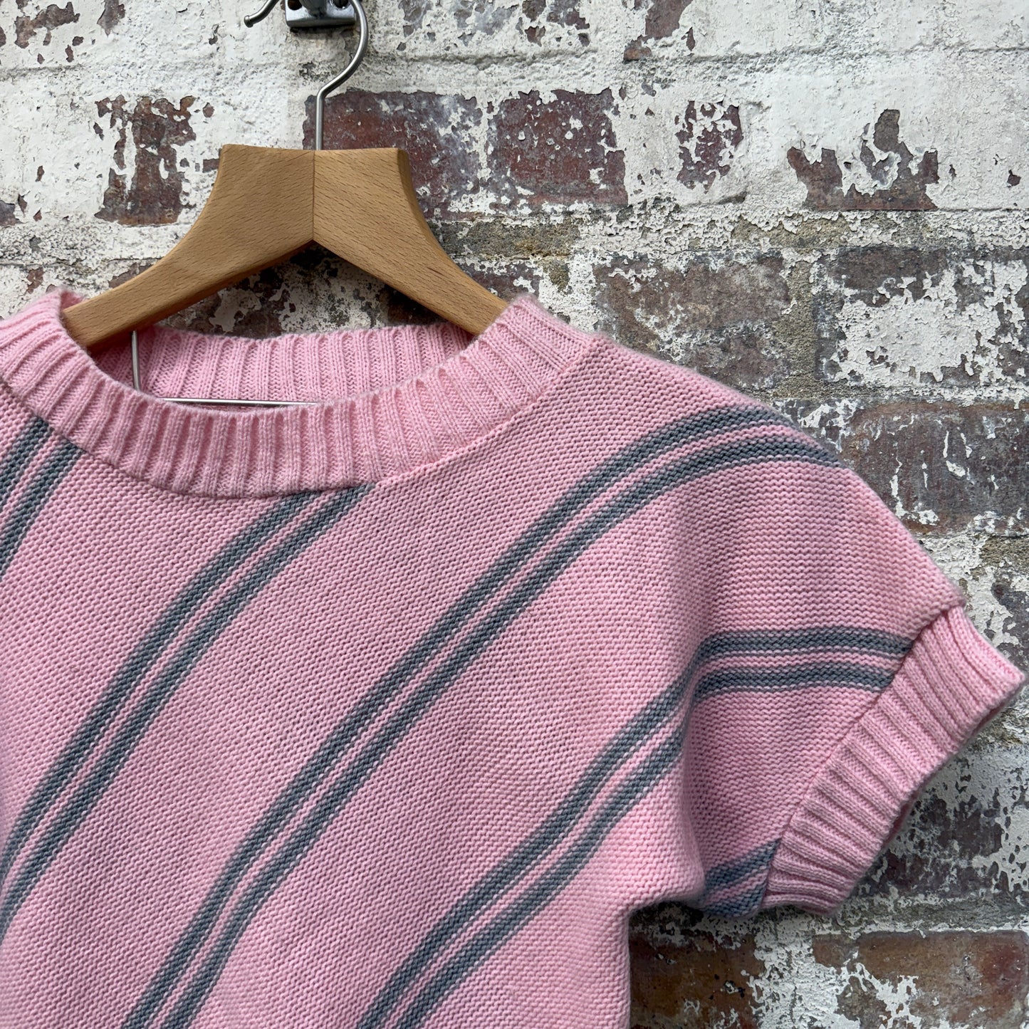 1980s Pink Striped Knitted Short Sleeved Jumper