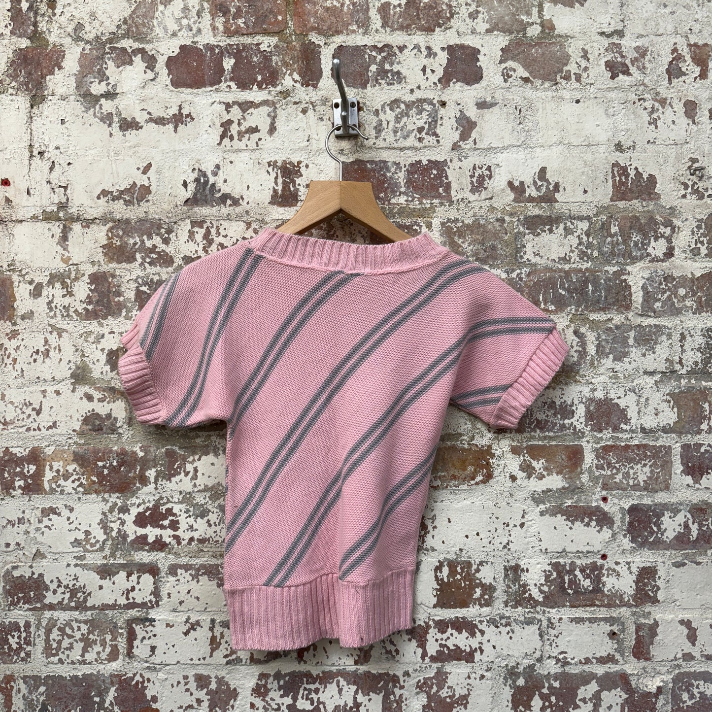 1980s Pink Striped Knitted Short Sleeved Jumper