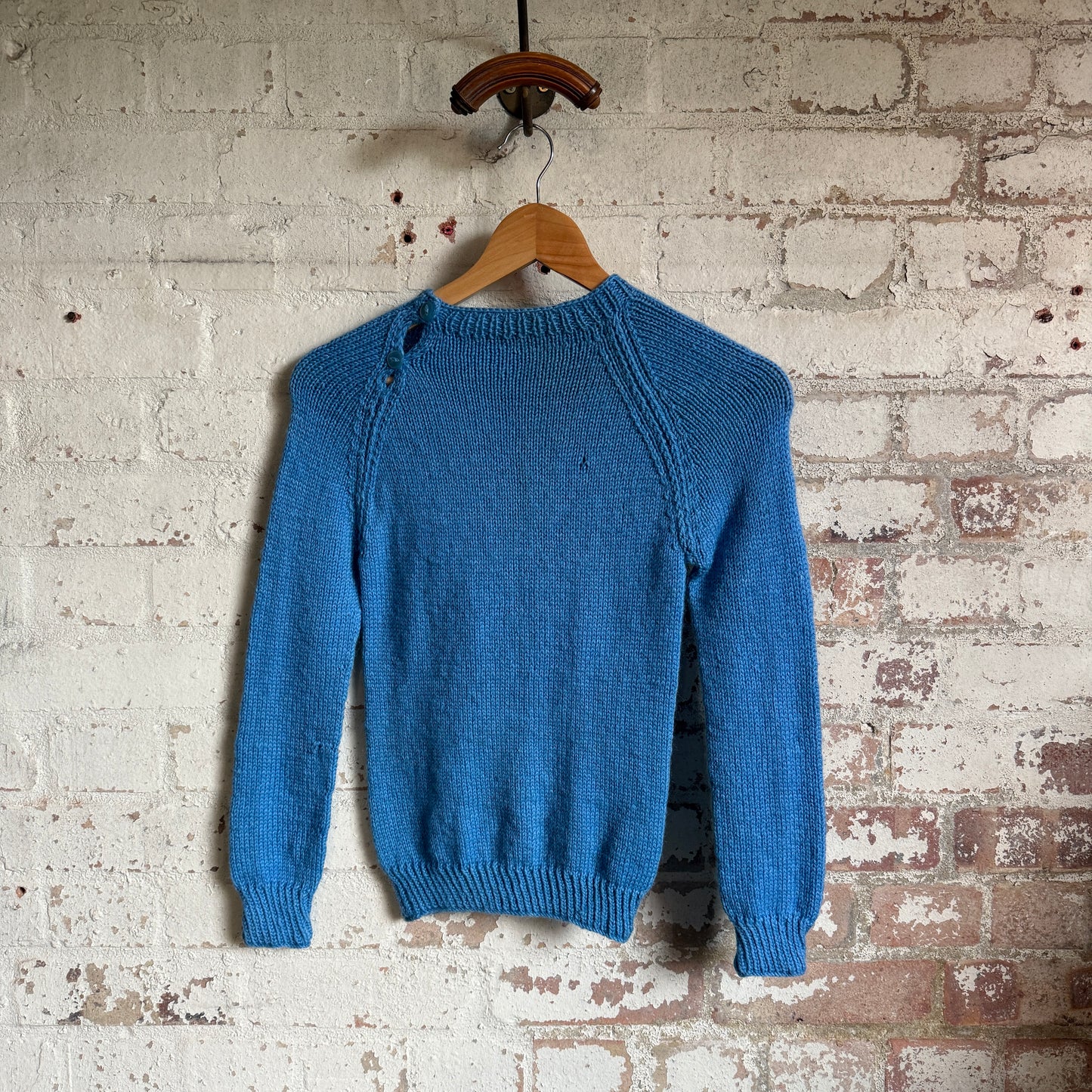 1960s Blue Wool Knitted Shoulder Button Jumper