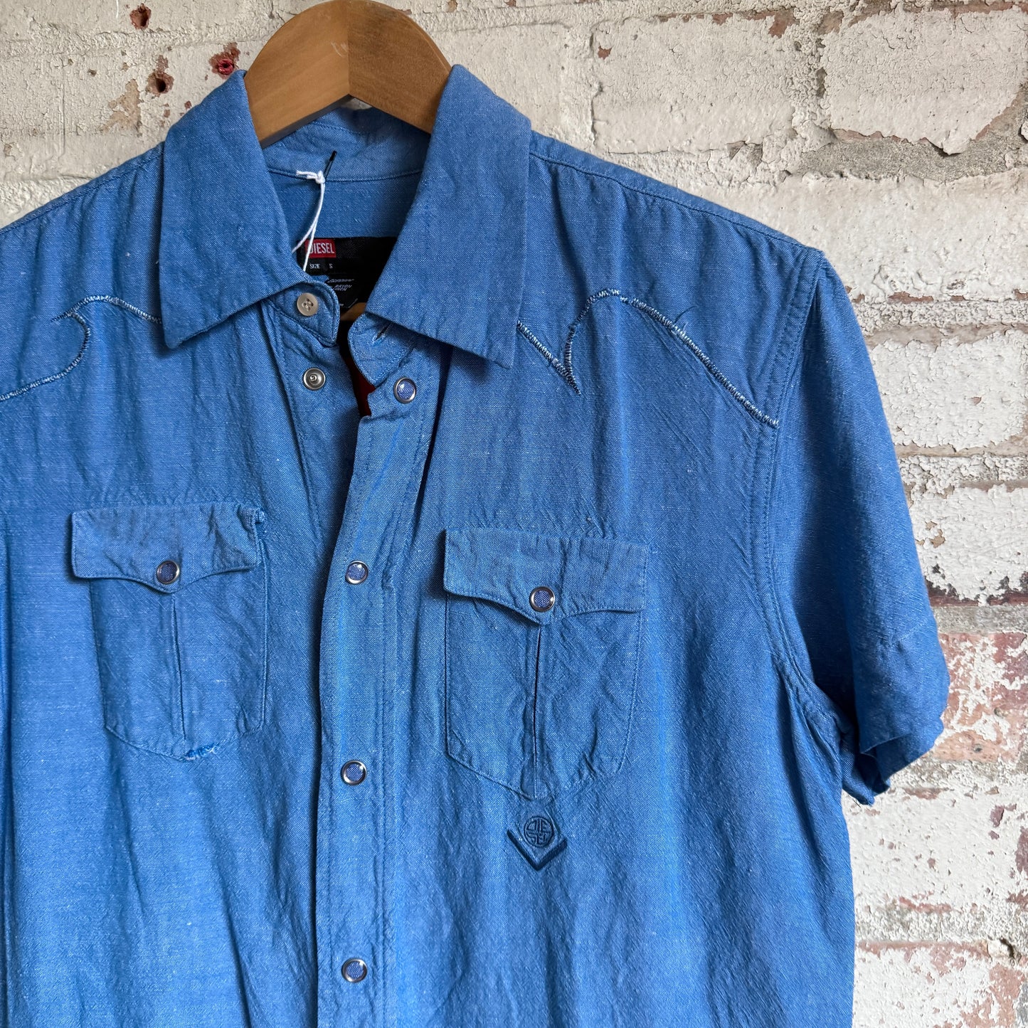 1990s Blue Rayon Diesel Embroidered Shirt