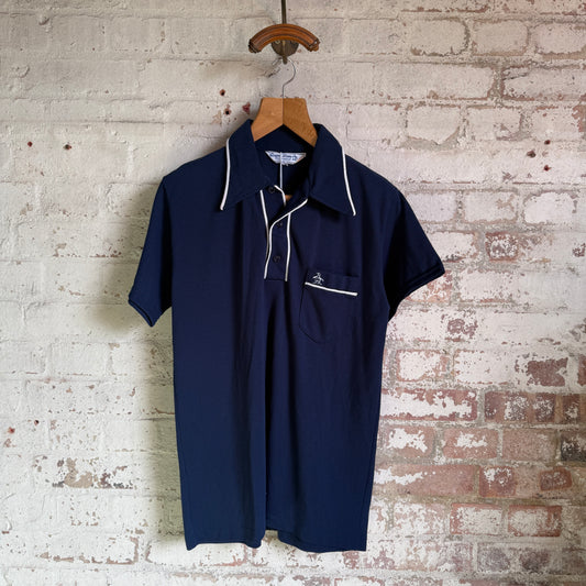 1970s Navy Penguin Dagger Collar Polo Shirt Top