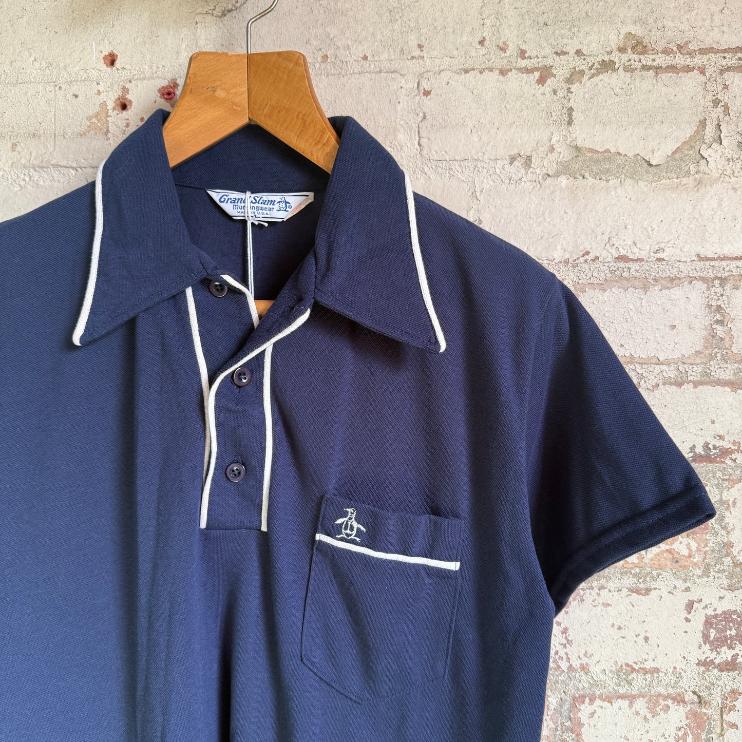 1970s Navy Penguin Dagger Collar Polo Shirt Top