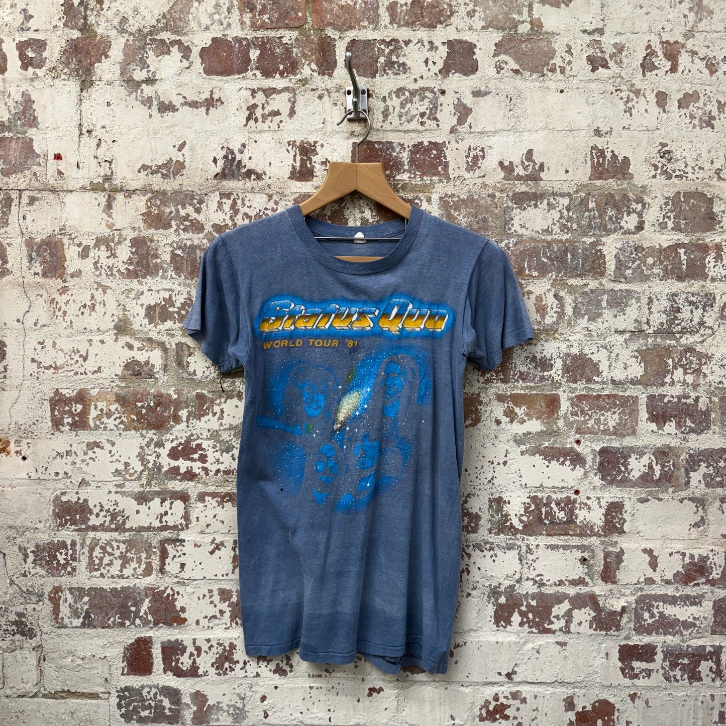 1980s Navy Faded Distressed Status Quo band Graphic T-Shirt