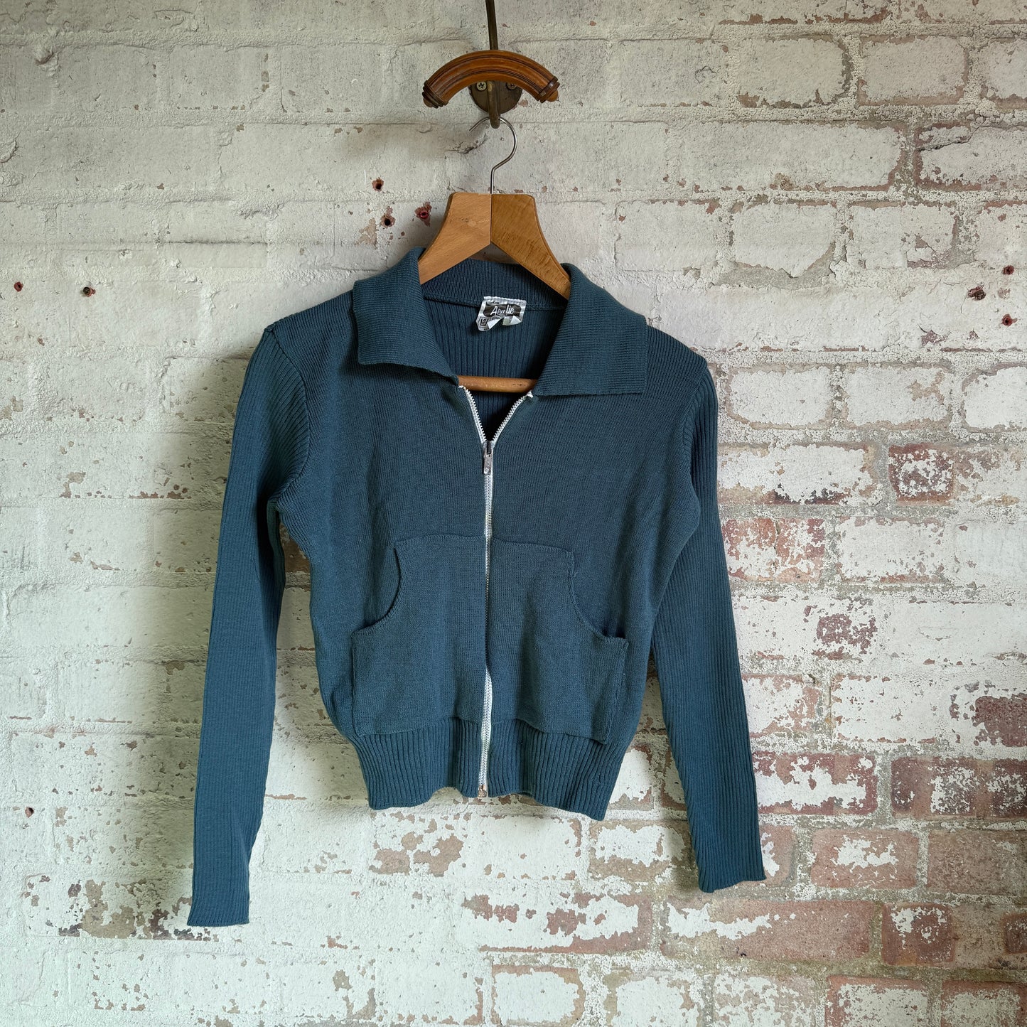 1970s Turquoise Knitted Zip Cardigan Jumper