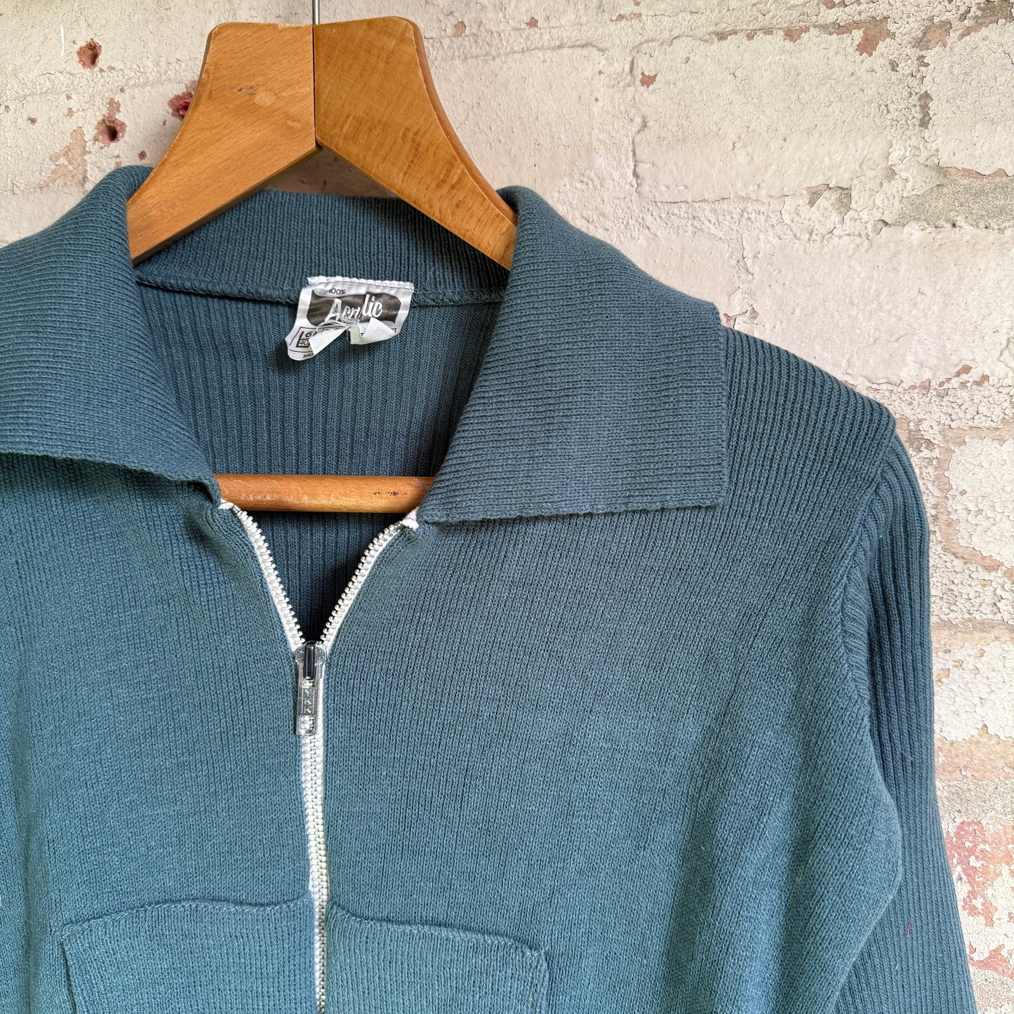 1970s Turquoise Knitted Zip Cardigan Jumper