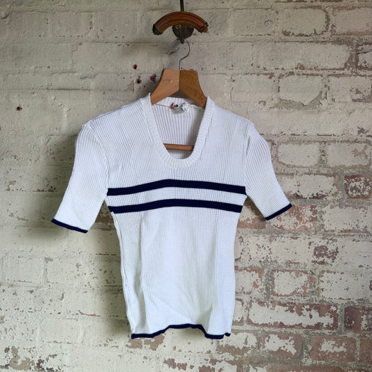 1970s White Knitted Stripe Top