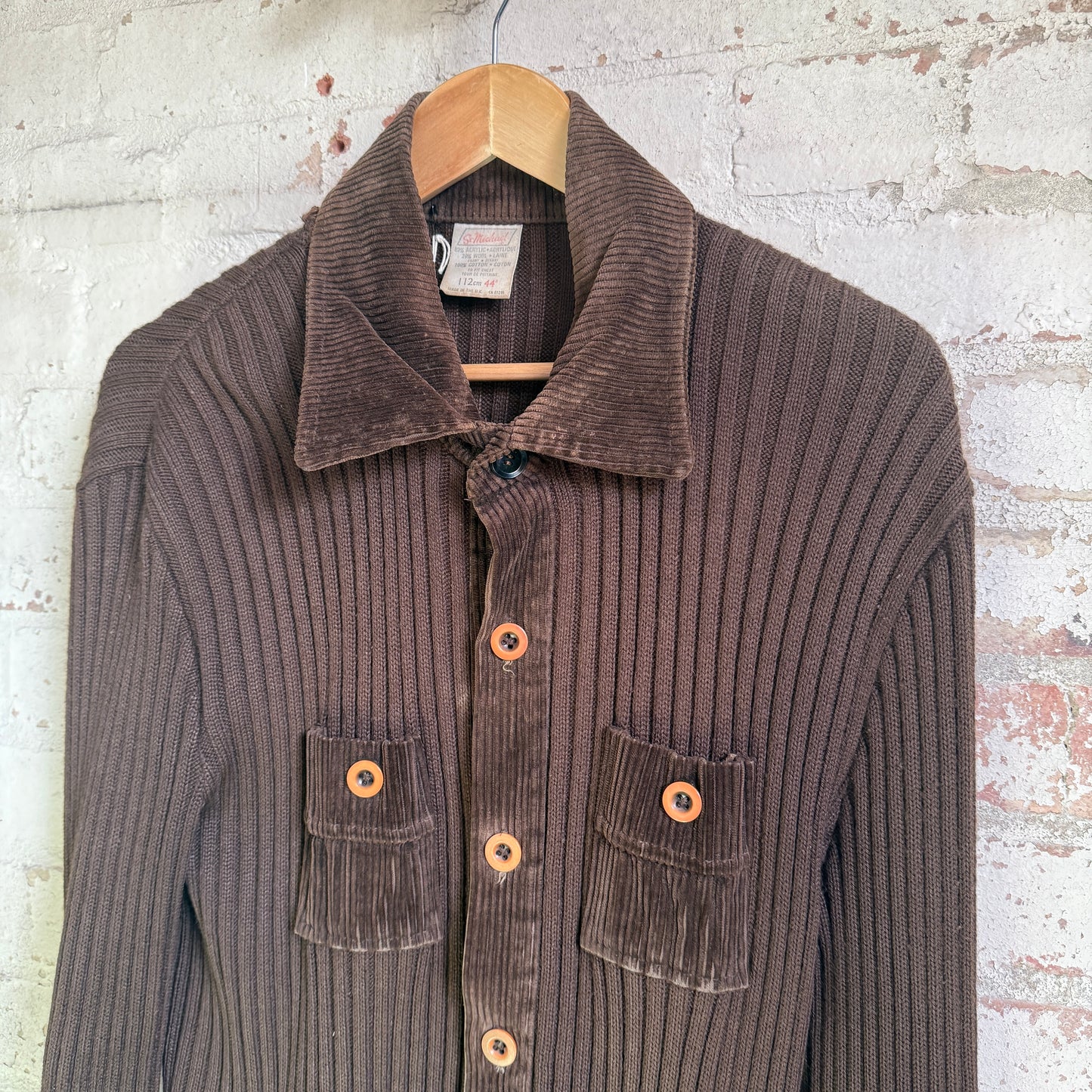 1970s Brown St Michaels Corduroy Knitted Cardigan Jumper