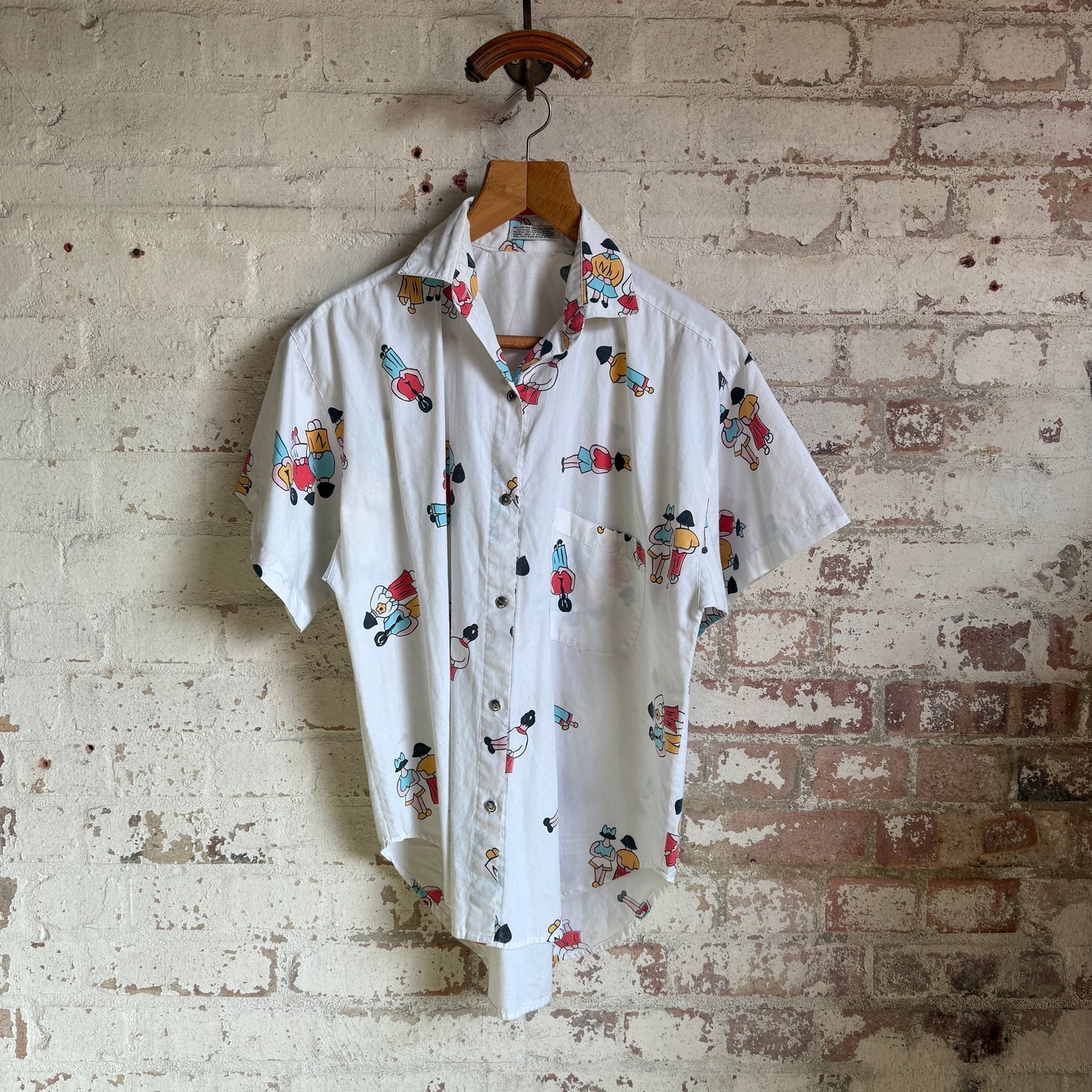 1970s White Unusual Graphic Button Shirt