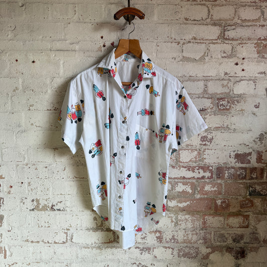 1970s White Unusual Graphic Button Shirt