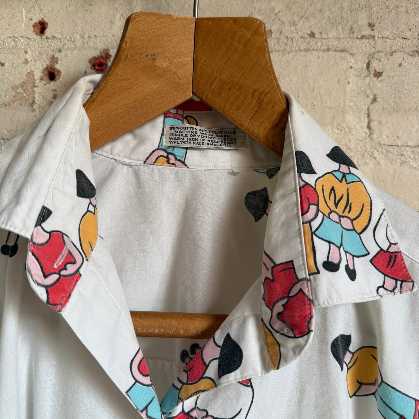 1970s White Unusual Graphic Button Shirt