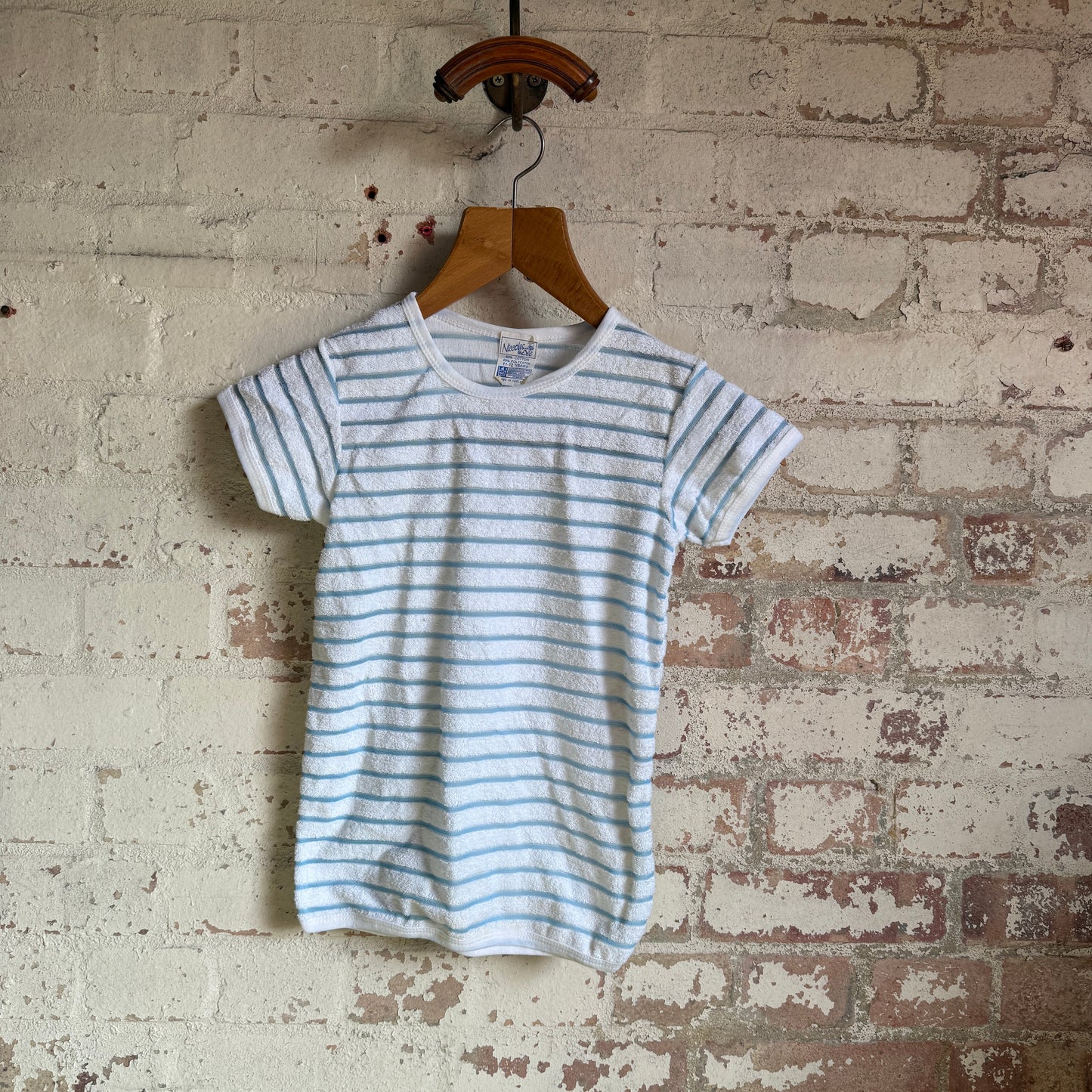 1970s Baby Blue White Towelling Striped T-Shirt