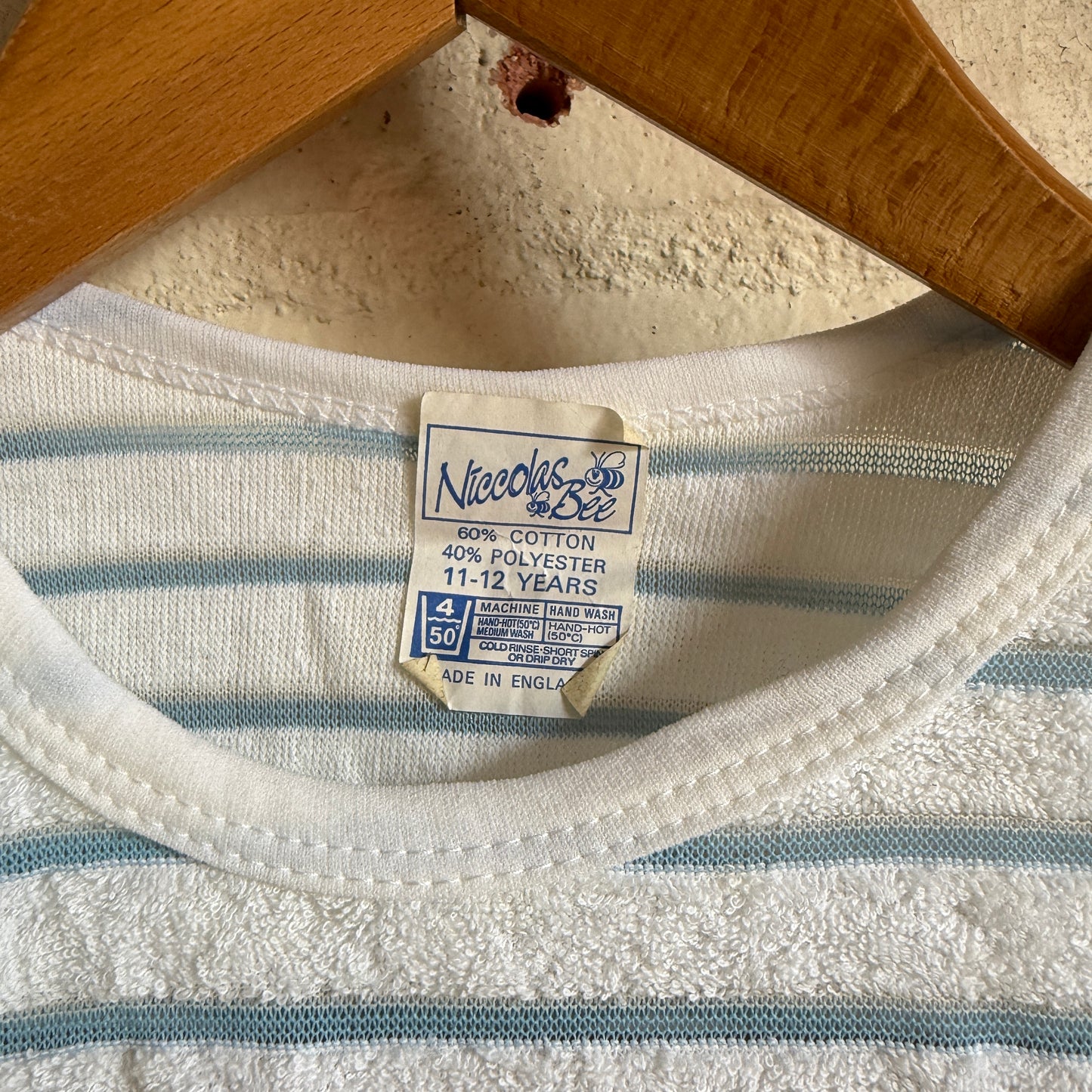 1970s Baby Blue White Towelling Striped T-Shirt