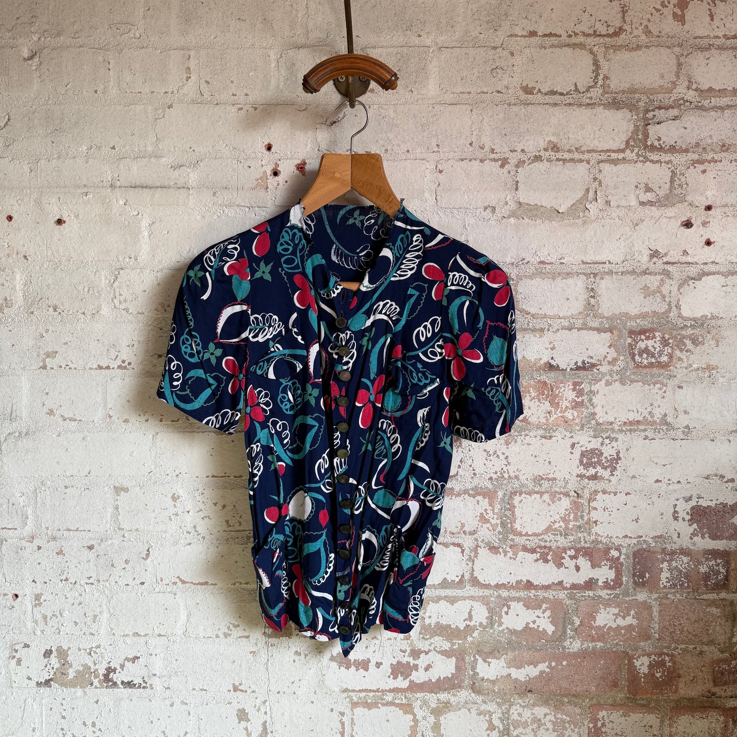 1940s Rayon Printed Blouse Shirt Top