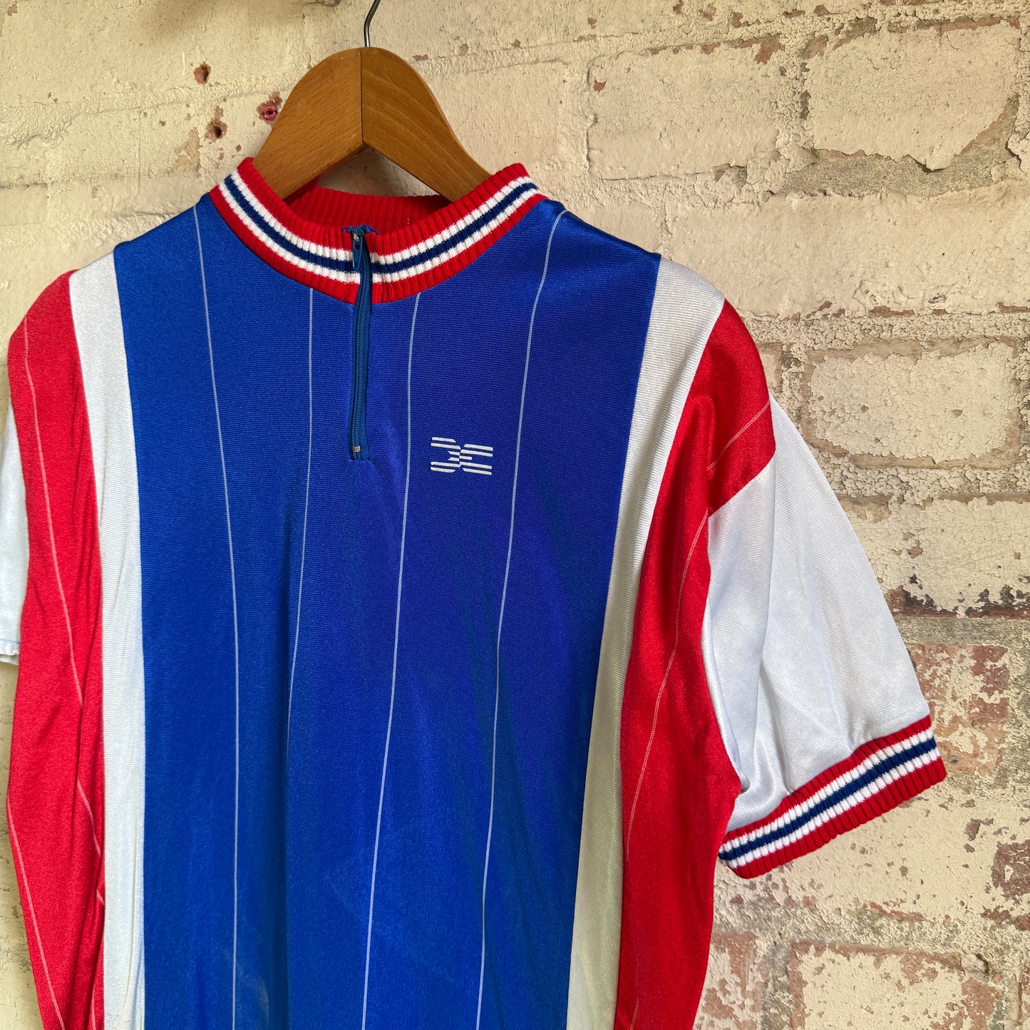 1970s Blue and Red Zip Cycling Shirt Top