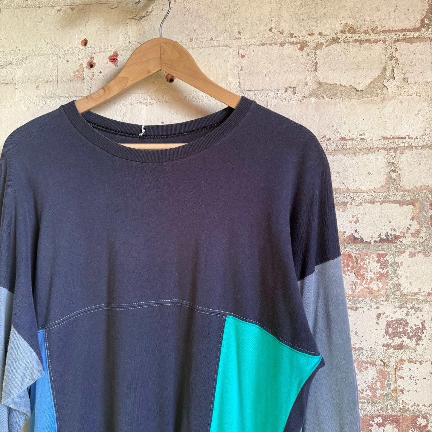 1980s Navy St Michaels Colour Block Long Sleeve Top