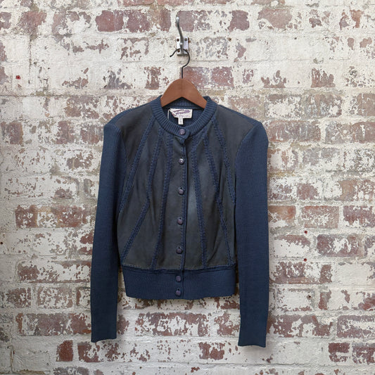 1970s Navy Suede Knitted Cardigan Jumper