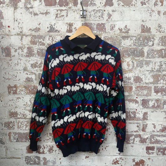 1980s Navy Patterned Wool Knitted Jumper