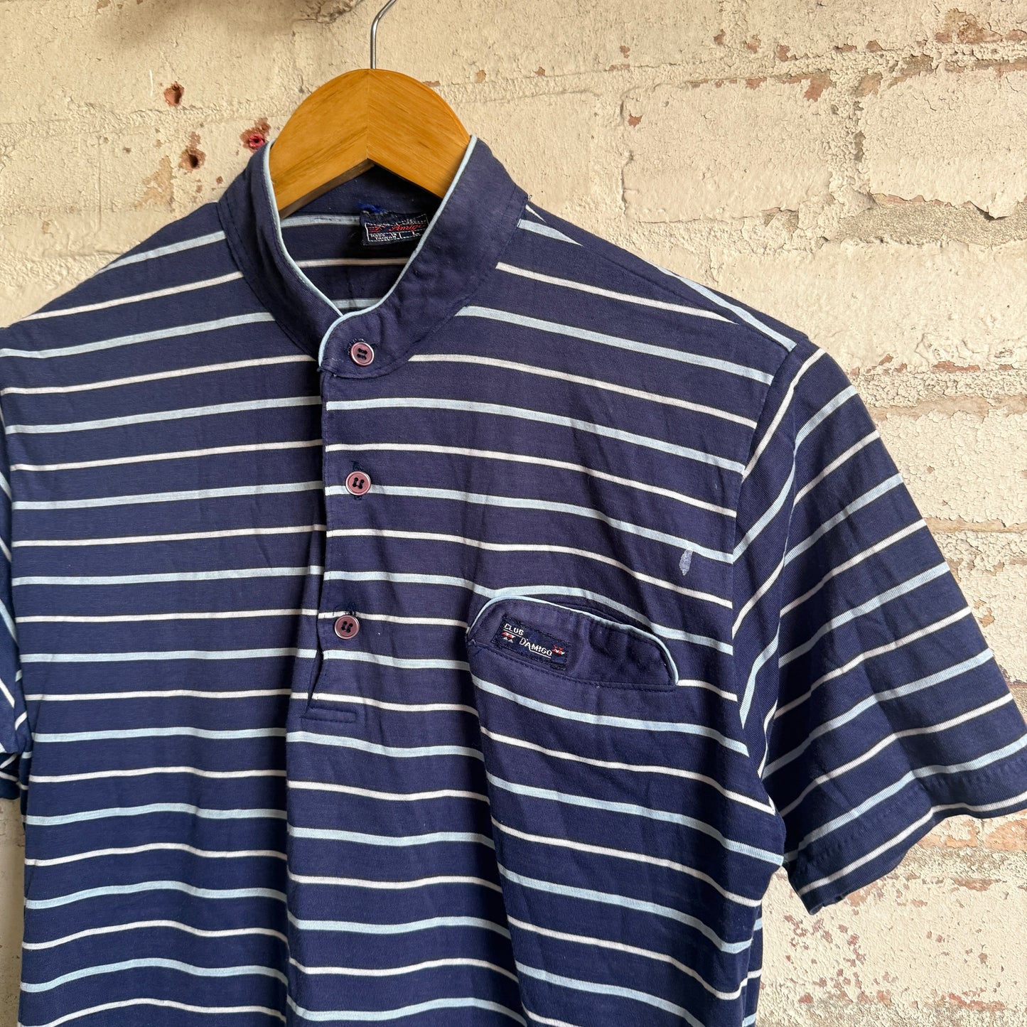 1980s Navy Striped Italian Polo Shirt Top