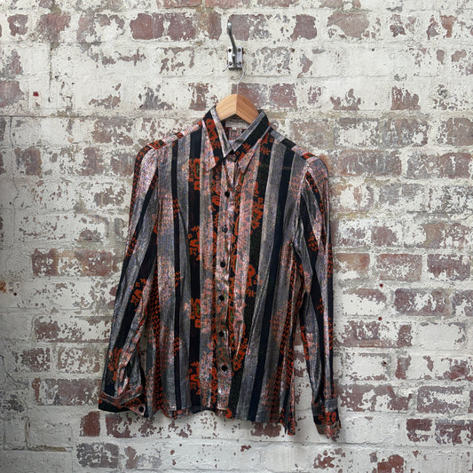 1970s Striped Glittery Patterned Button Up Shirt