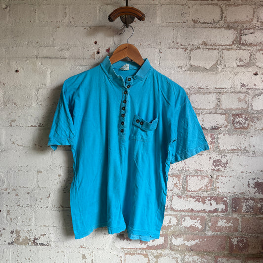 1980s Blue Unusual Button Pocket Polo Shirt Top