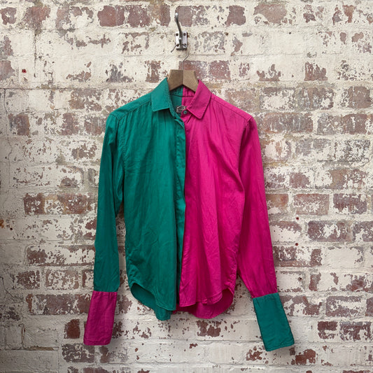 1980s Kenzo Green and Pink Button Up 'Jester' Shirt