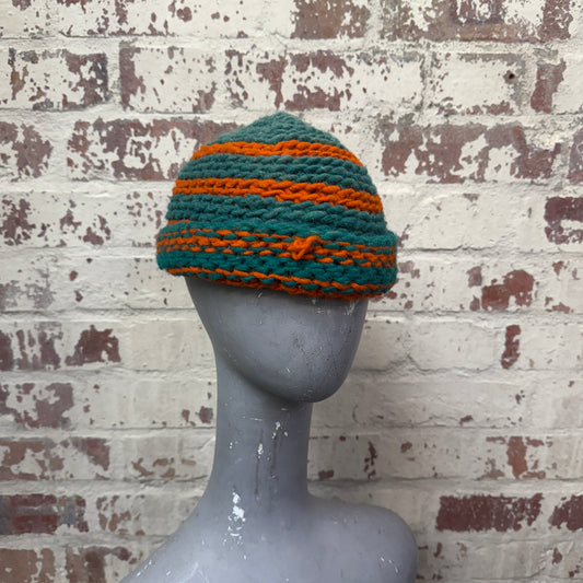 1980s Orange and Green Wool Knitted Beanie Hat