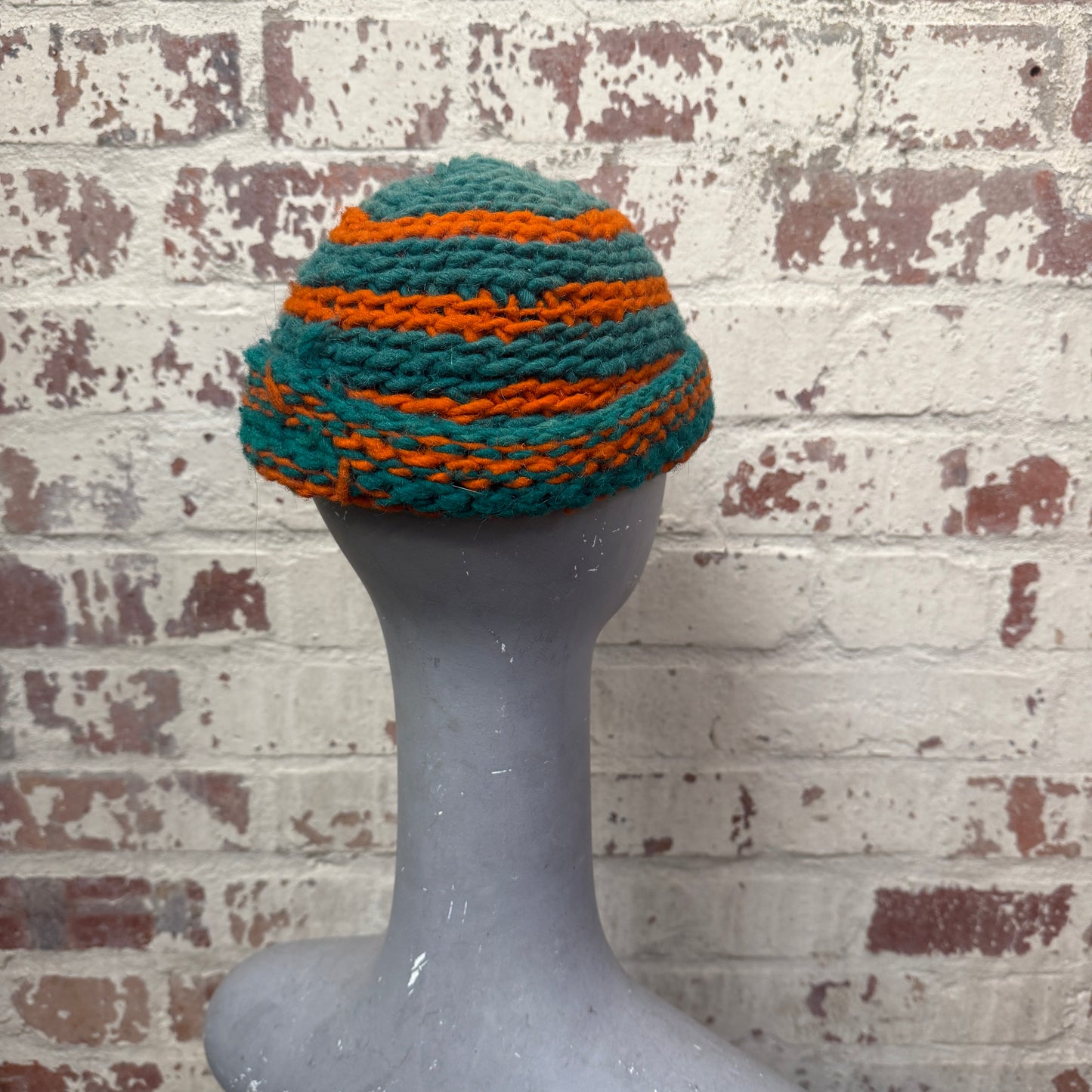 1980s Orange and Green Wool Knitted Beanie Hat