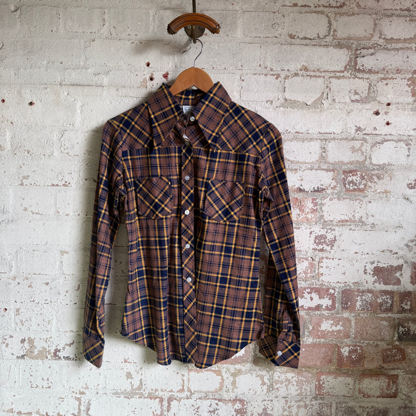 1970s Brown Checkered Dagger Collar Shirt