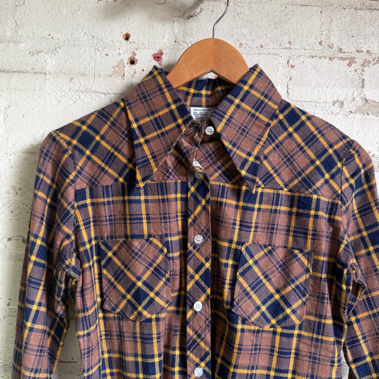 1970s Brown Checkered Dagger Collar Shirt
