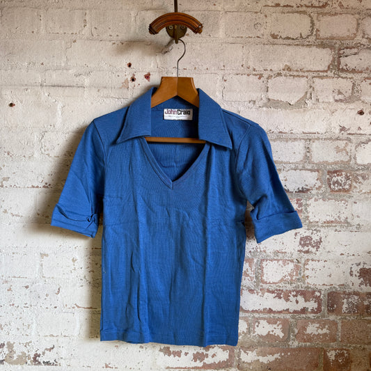1970s Blue John Craig Dagger Collar Polo Shirt