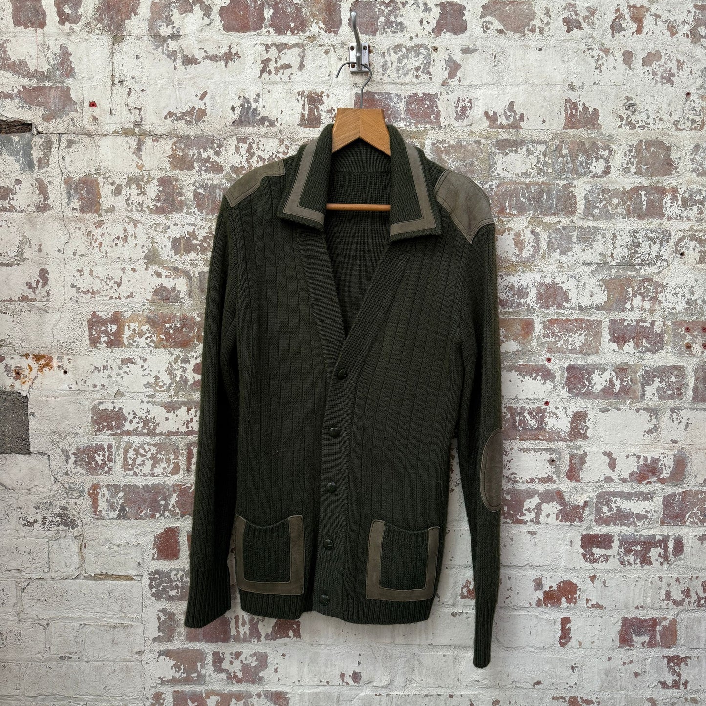 1970s Green Suede Trim Knit Cardigan Jumper