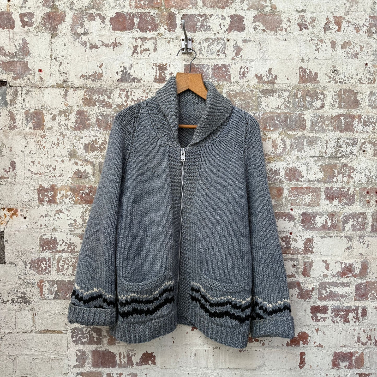 1970s Grey Cowichan Zip Knitted Jumper