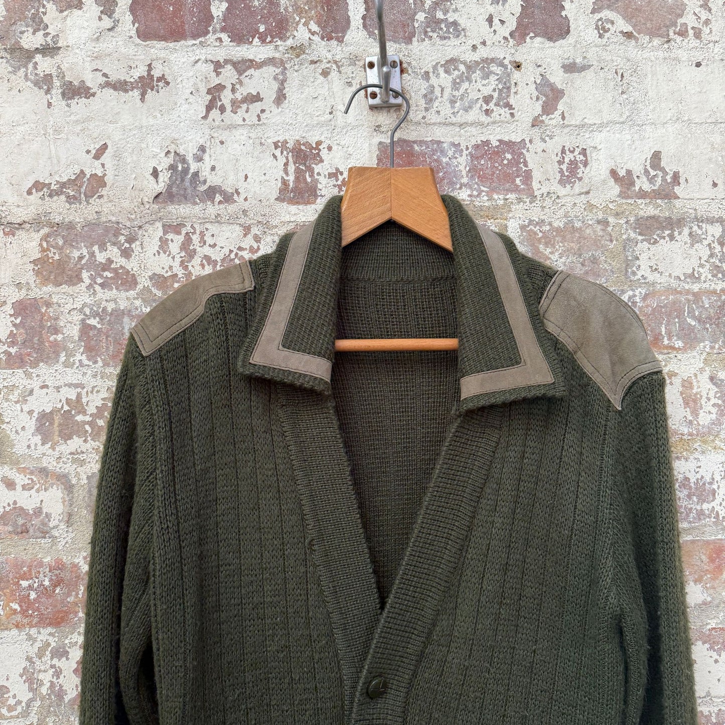 1970s Green Suede Trim Knit Cardigan Jumper