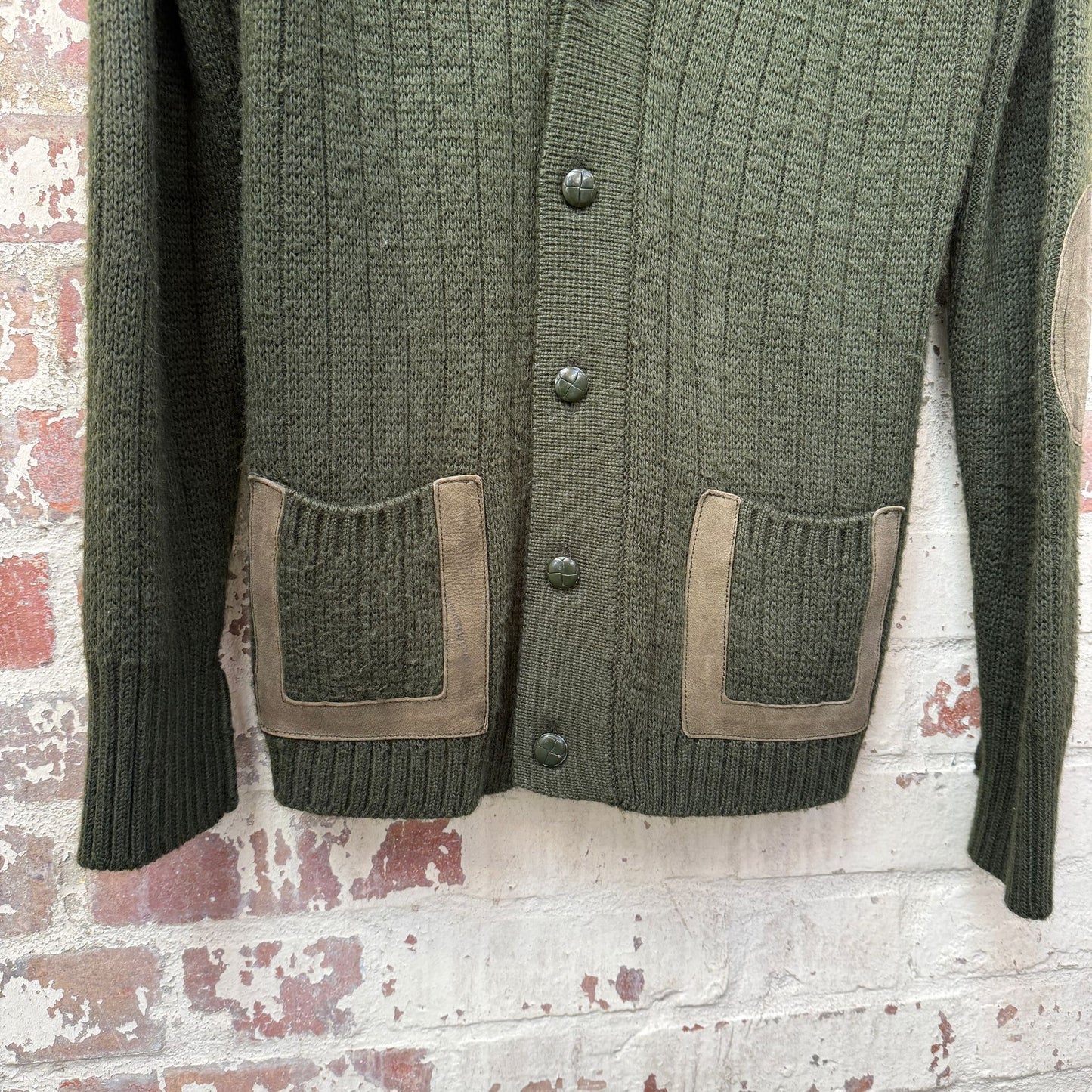 1970s Green Suede Trim Knit Cardigan Jumper
