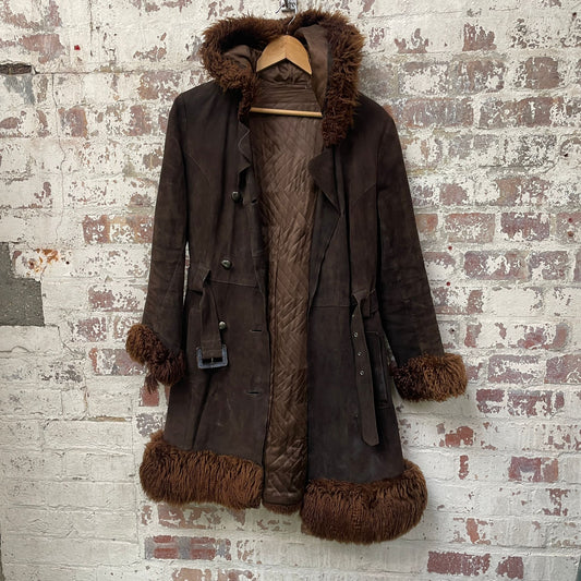 Vintage 1970s 1980s Brown Leather Afghan Jacket Coat