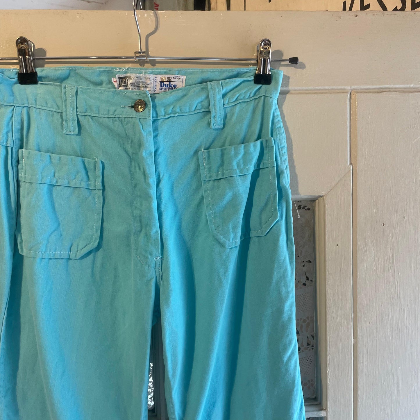 1970s Turquoise Embroidered Flared Trousers